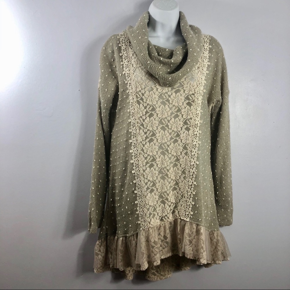 Ryu Lace Knit Cowl Neck Tunic Sweater Dress